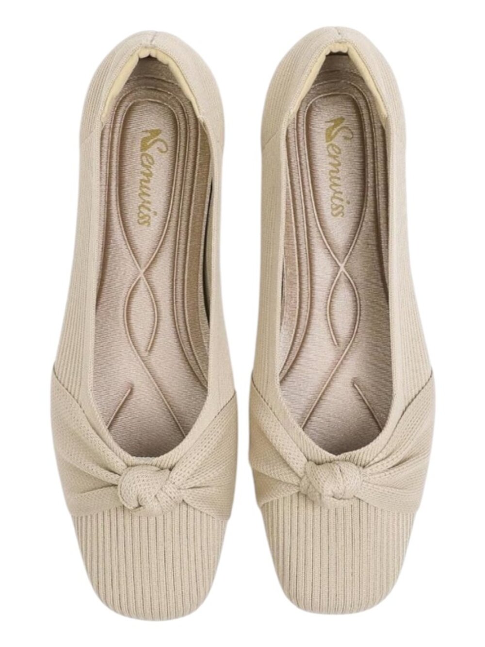 Semwiss Neutral Beige Knitted Bow Square Toe Ballet Flats Euro 42 Fits US 10